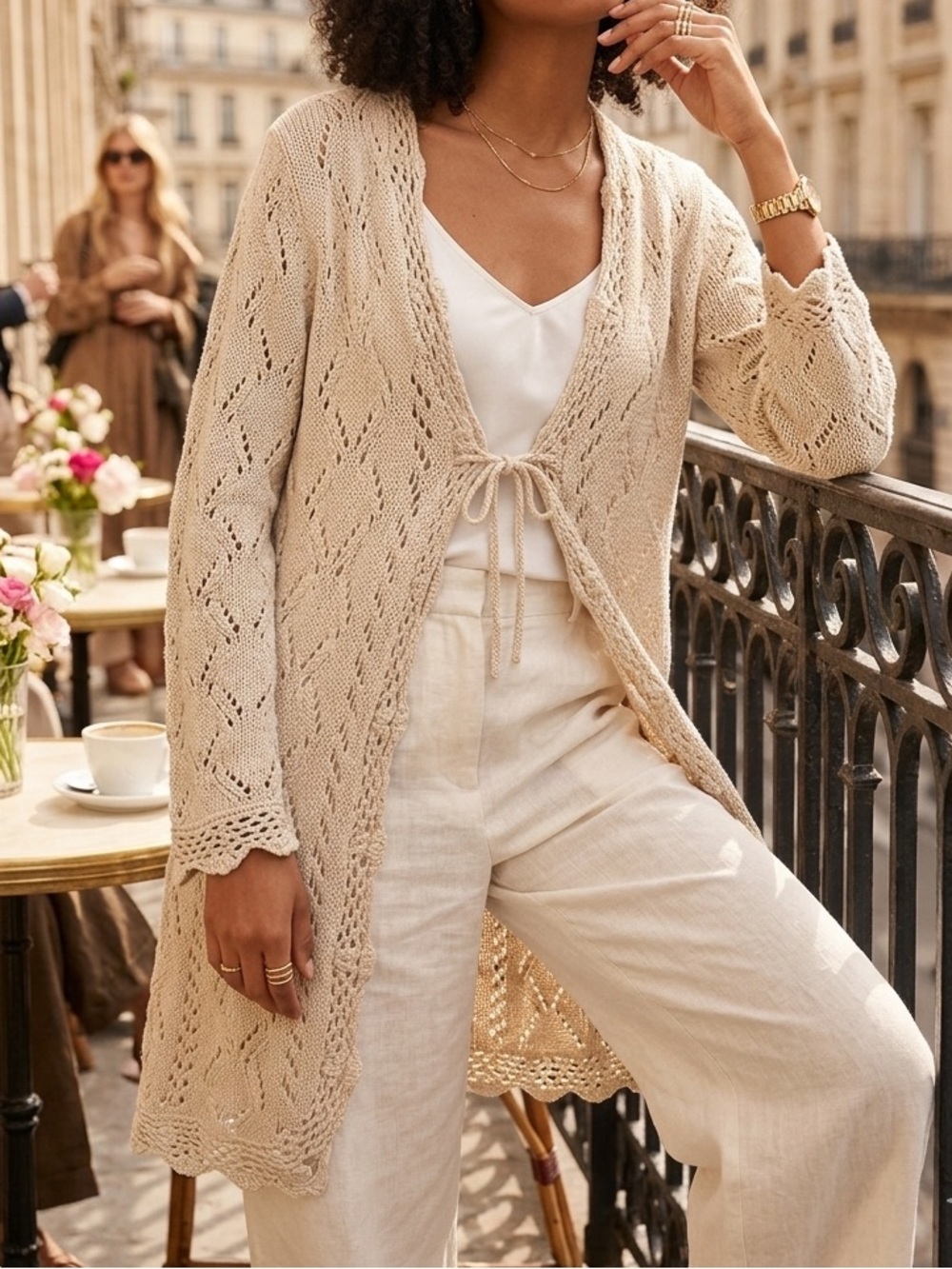 Chico's Cream Openwork Tie-Front Long Cardigan